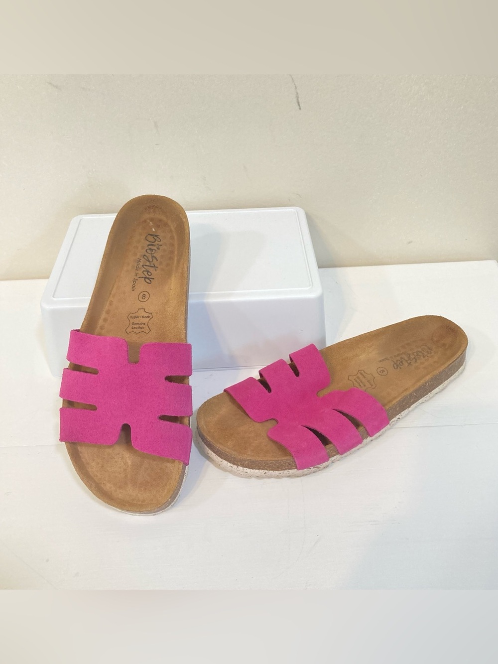 BioStep Cork Slide Sandals Womens Sz 8 Pink Suede Leather Comfort